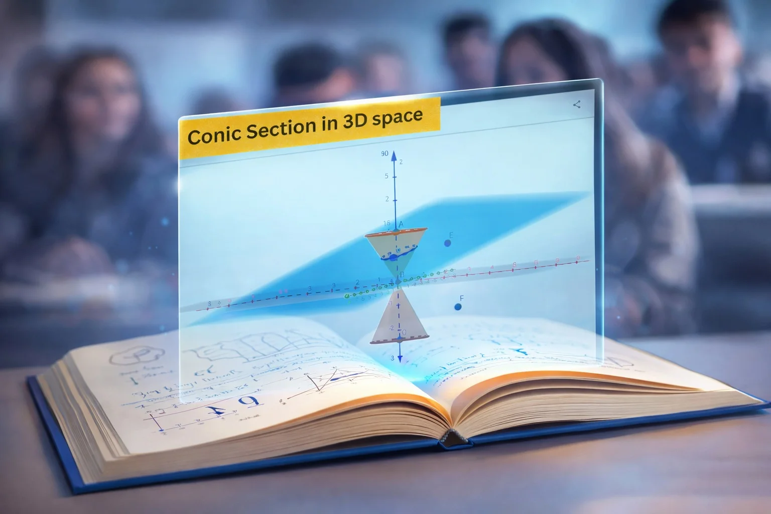 3D visualization of conic sections emerging from a math textbook - demonstrating visual learning approach at Ritu Maths Classes Chandigarh